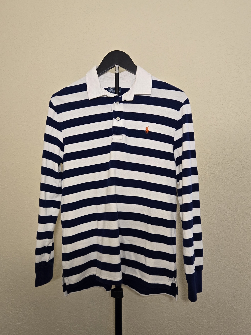 Polo by Ralph Lauren Men’s White & Navy Striped Long-Sleeve Polo